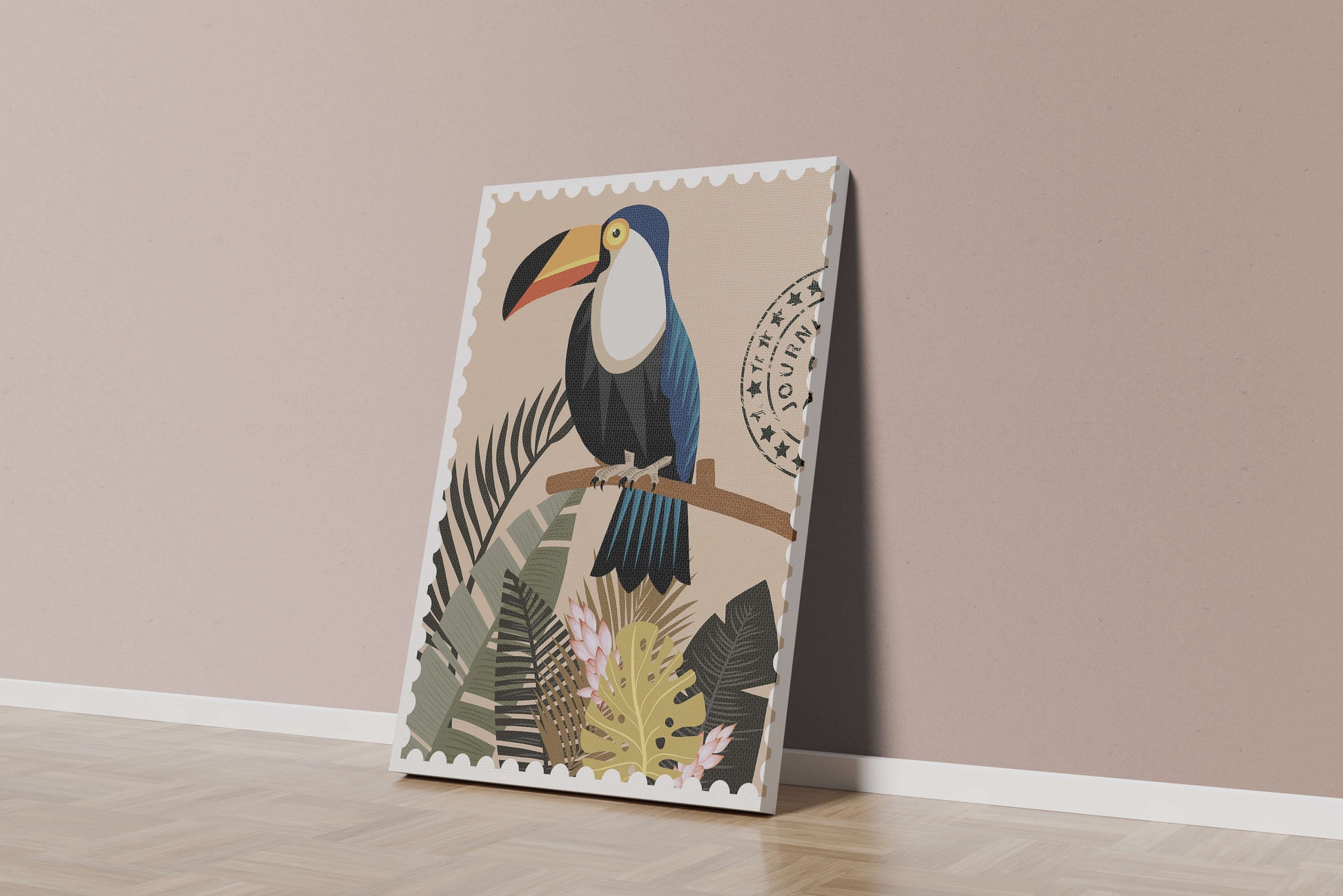 Colorful Toucan Surrounded by Tropical Leaves with Travel Stamp