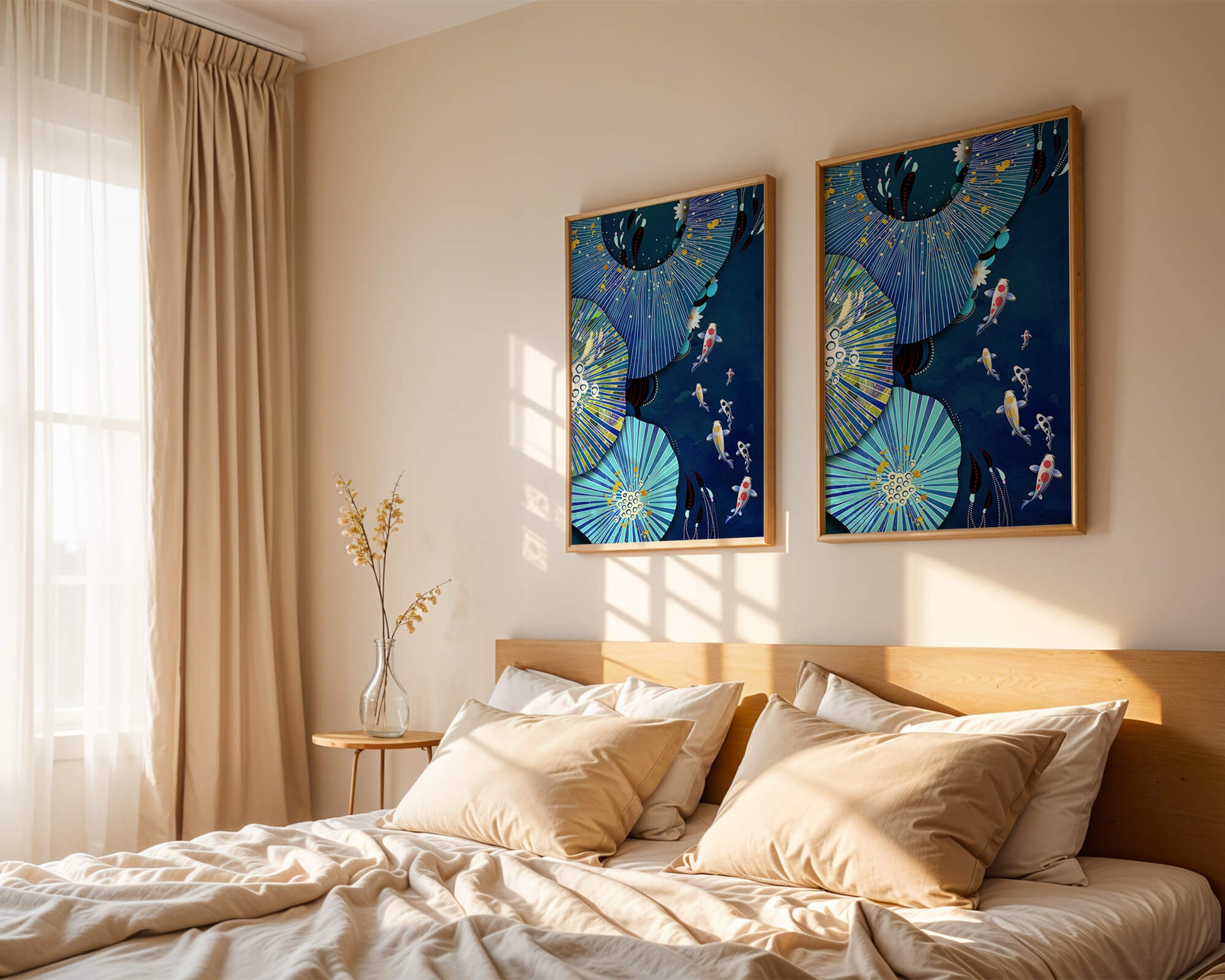 Vibrant underwater scene with koi fish and abstract floral design