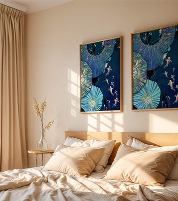 Vibrant underwater scene with koi fish and abstract floral design