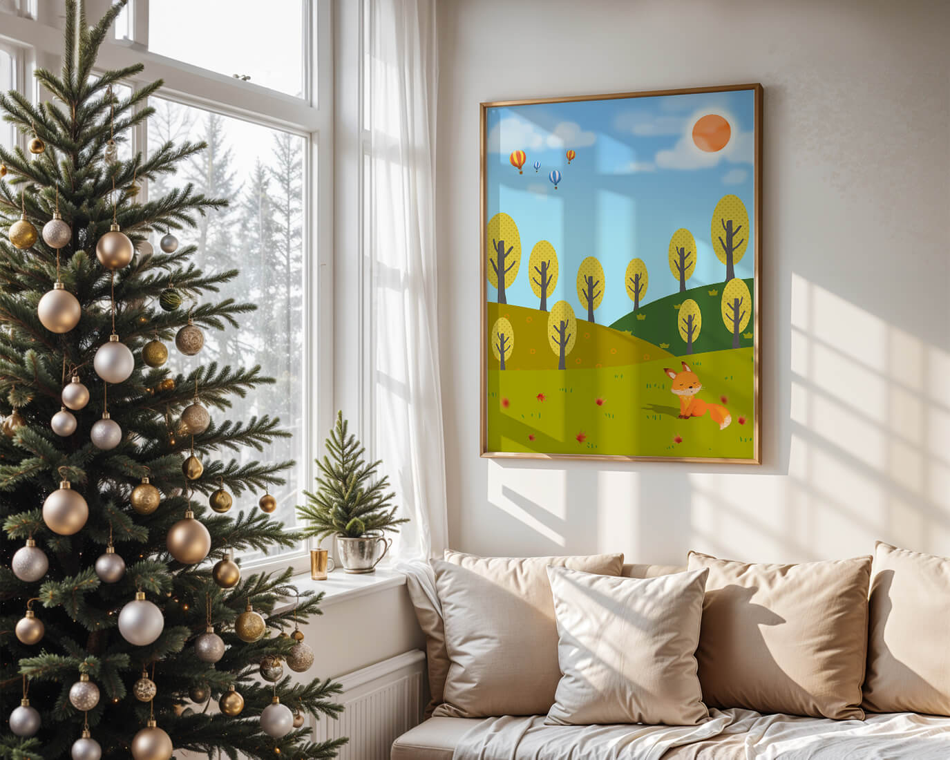 Whimsical landscape with hot air balloons and a fox in autumn scenery