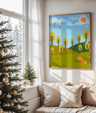 Whimsical landscape with hot air balloons and a fox in autumn scenery