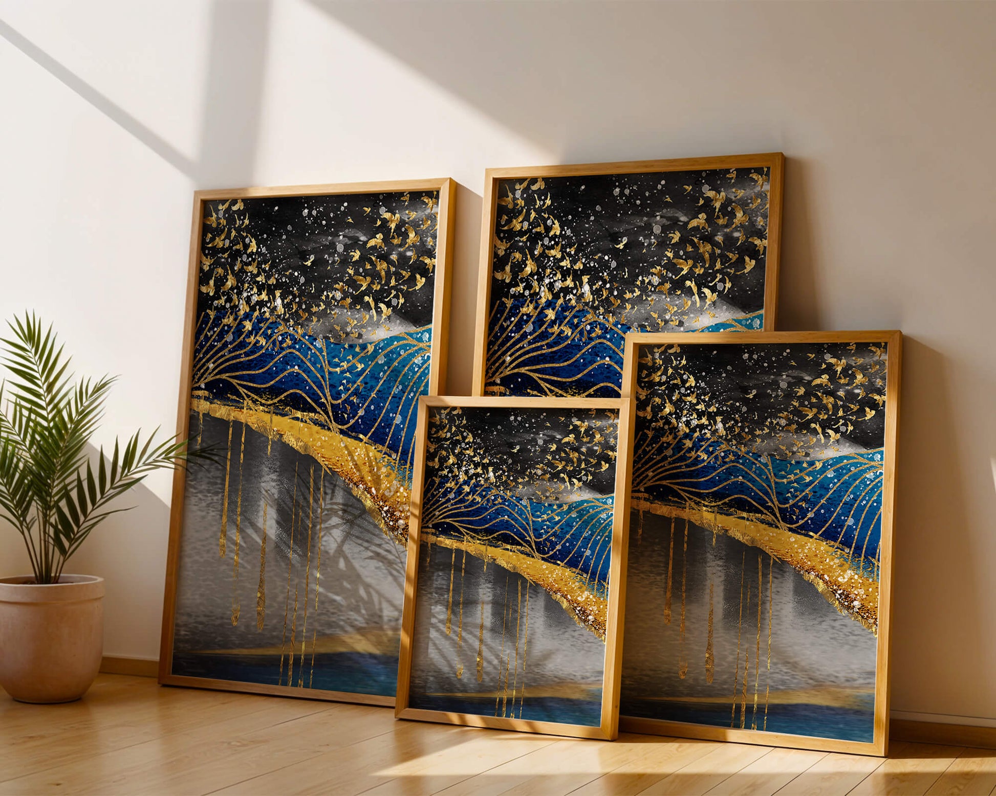 Abstract Night Sky With Golden Birds And Waves