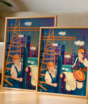 Illustrated construction workers on a high-rise building site