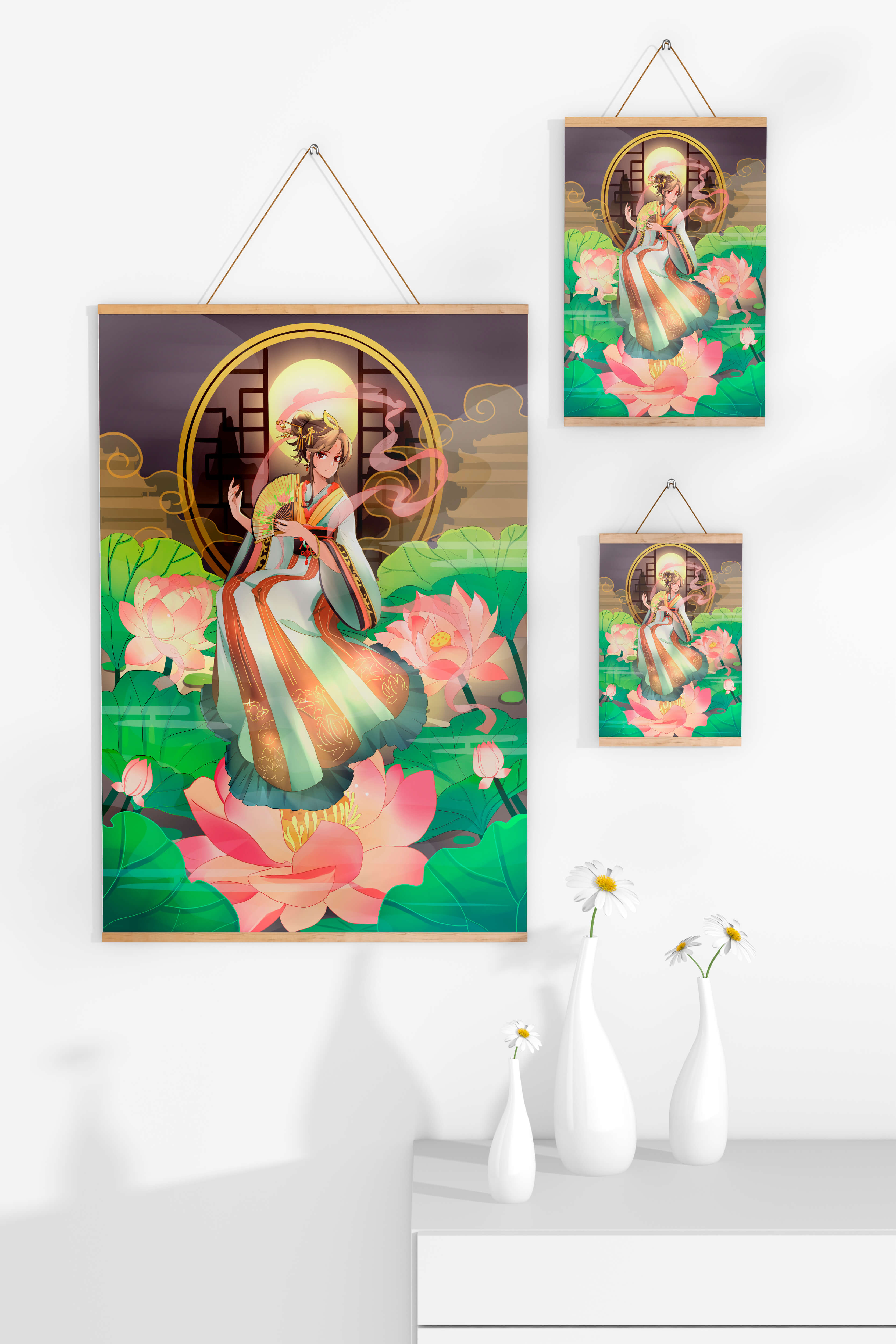 Elegant woman in traditional attire amidst lotus flowers with mountainous background
