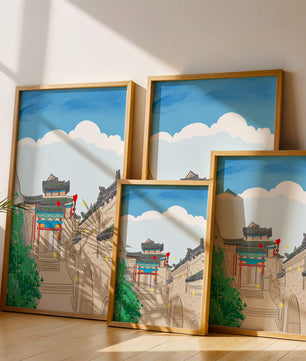 Arquitectura china tradicional con toques vibrantes y fondo escénico