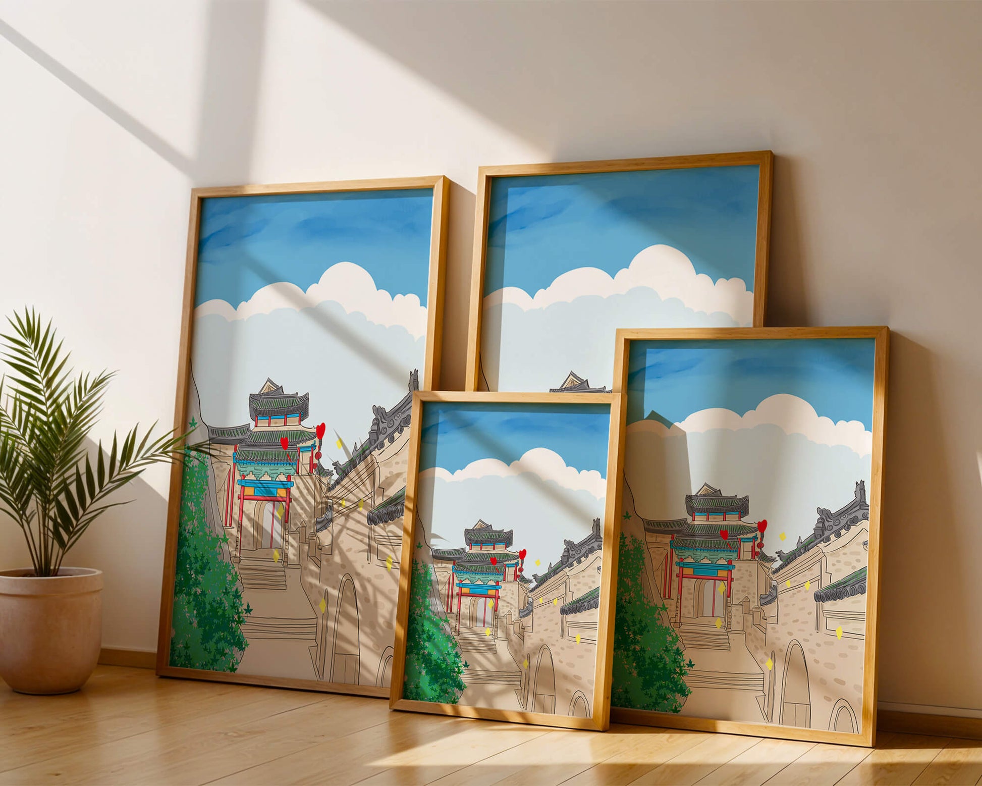 Arquitectura china tradicional con toques vibrantes y fondo escénico