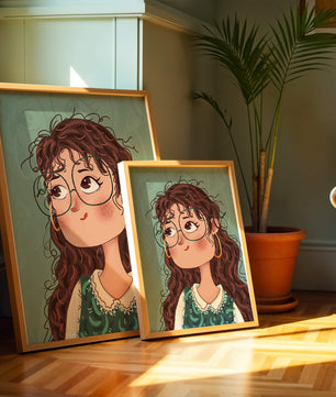 Illustration of a Thoughtful Girl with Glasses and Curly Hair