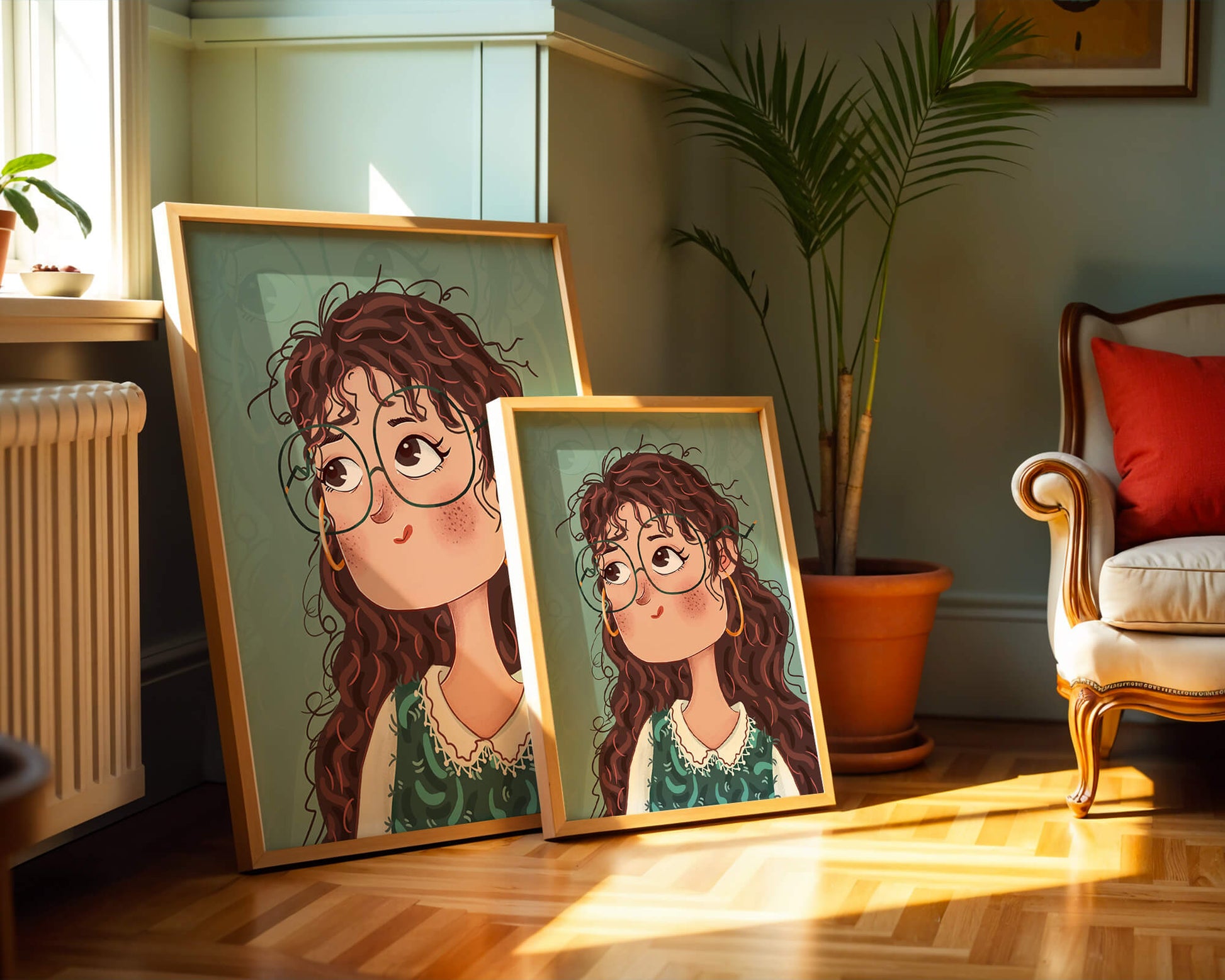 Ilustración de una chica pensativa con gafas y pelo rizado