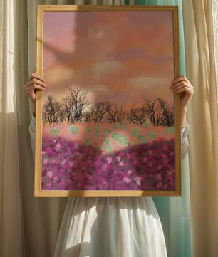 Paisaje sereno con campo floral vibrante y cielo pastel