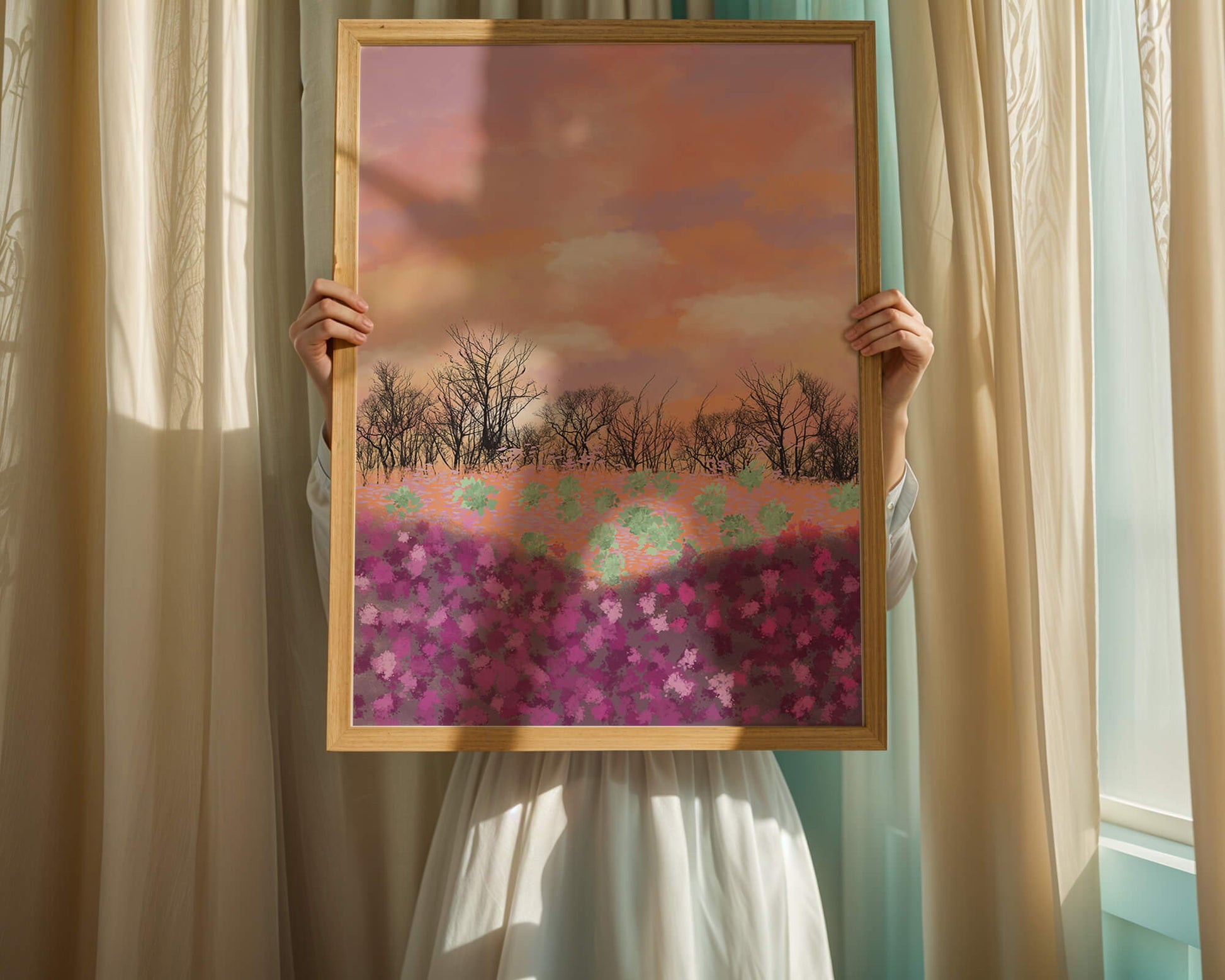Paisaje sereno con campo floral vibrante y cielo pastel