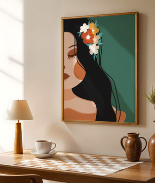 Elegante Illustration einer Frau mit floralem Haarteil