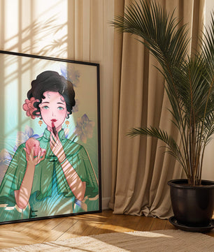 Woman applying lipstick with elegant floral background