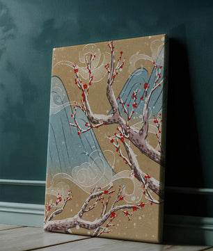 Traditional Japanese landscape with blooming cherry branches