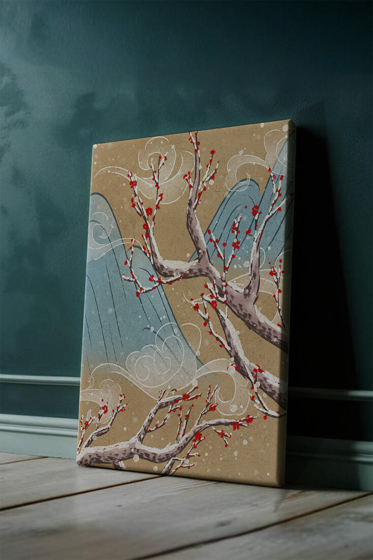 Traditional Japanese landscape with blooming cherry branches