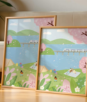 Piknik Tepi Danau yang Damai dengan Bunga Sakura dan Kereta Api