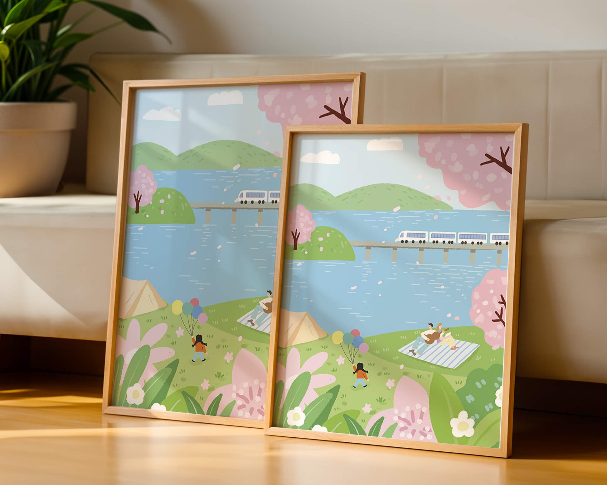 Piknik Tepi Danau yang Damai dengan Bunga Sakura dan Kereta Api