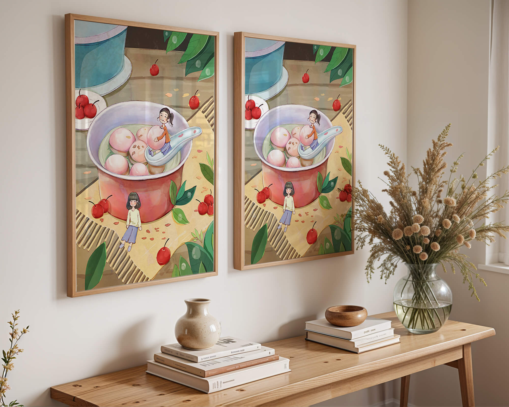 Charming illustration of children with dessert in a whimsical setting