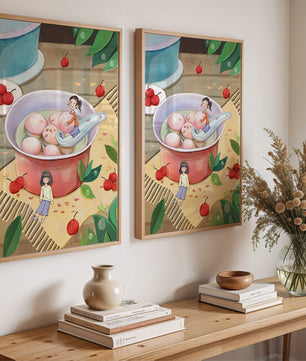 Charming illustration of children with dessert in a whimsical setting