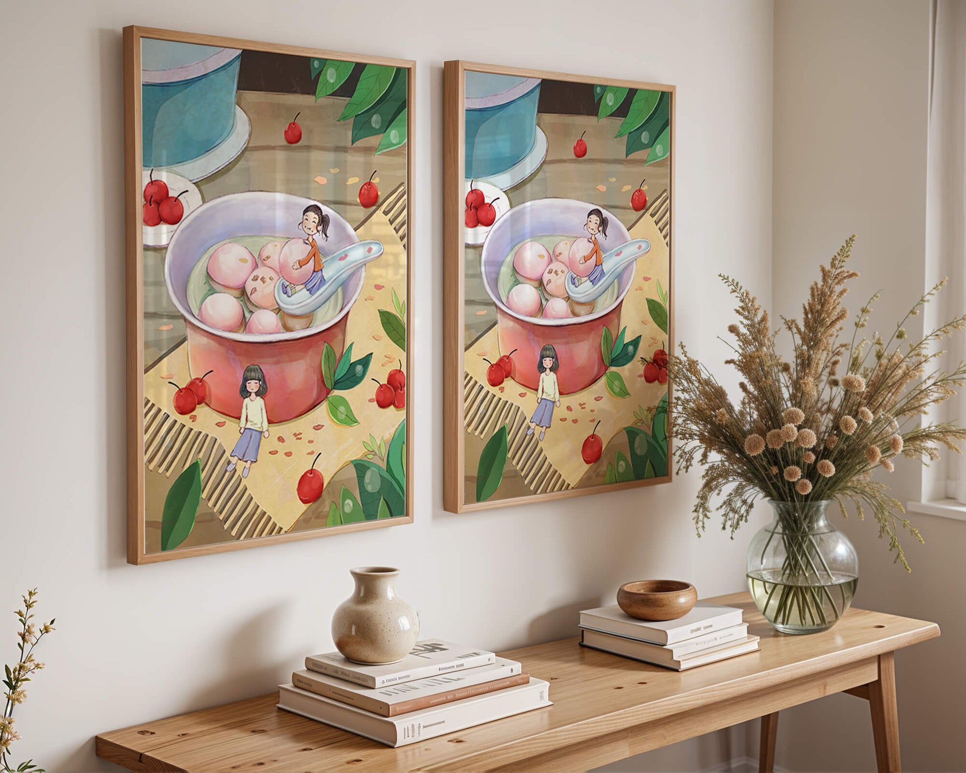 Charming illustration of children with dessert in a whimsical setting