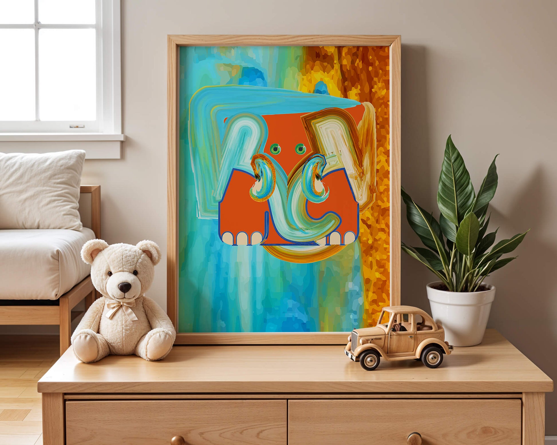 Pintura abstracta colorida de un elefante con tonos vibrantes y pinceladas artísticas.