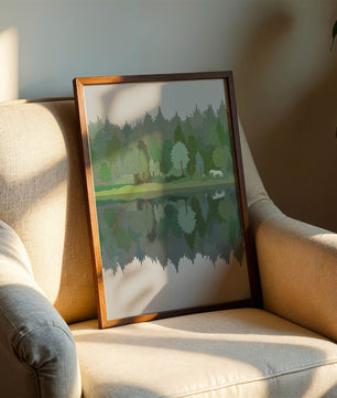 Forest landscape with a white horse and reflection in a tranquil pond