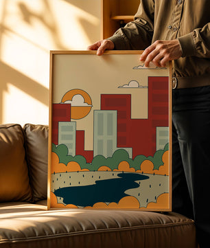 Cityscape At Sunset With Park And Lake