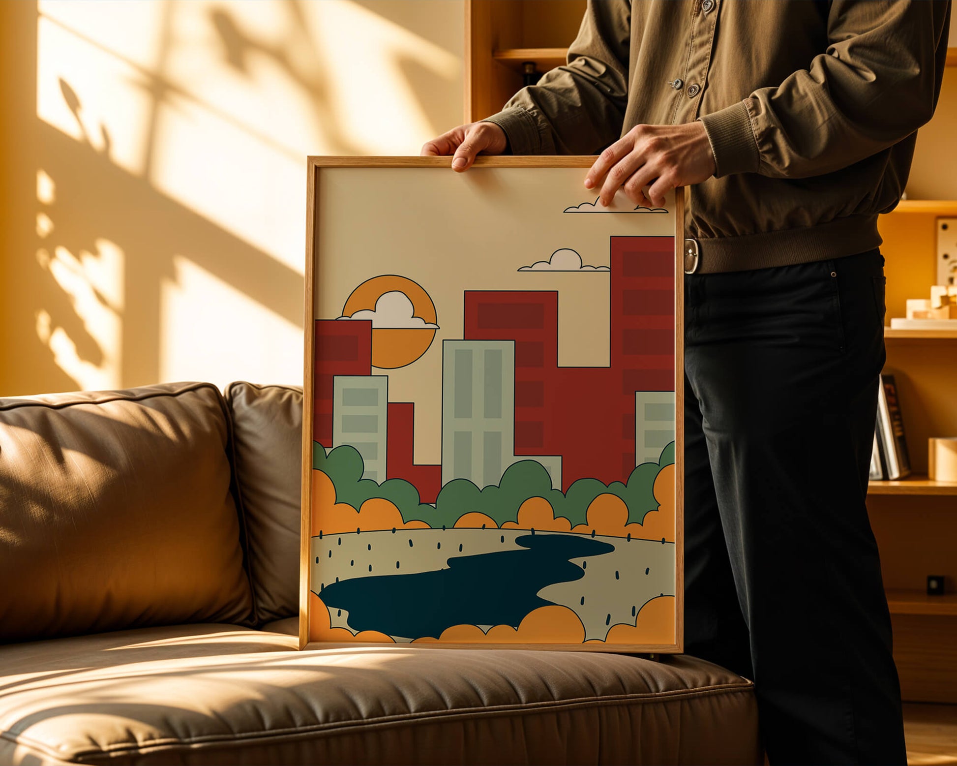 Cityscape At Sunset With Park And Lake