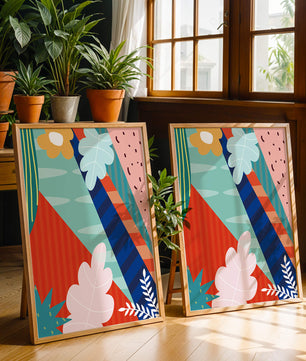 Abstract floral geometric design with vibrant colors and bold patterns