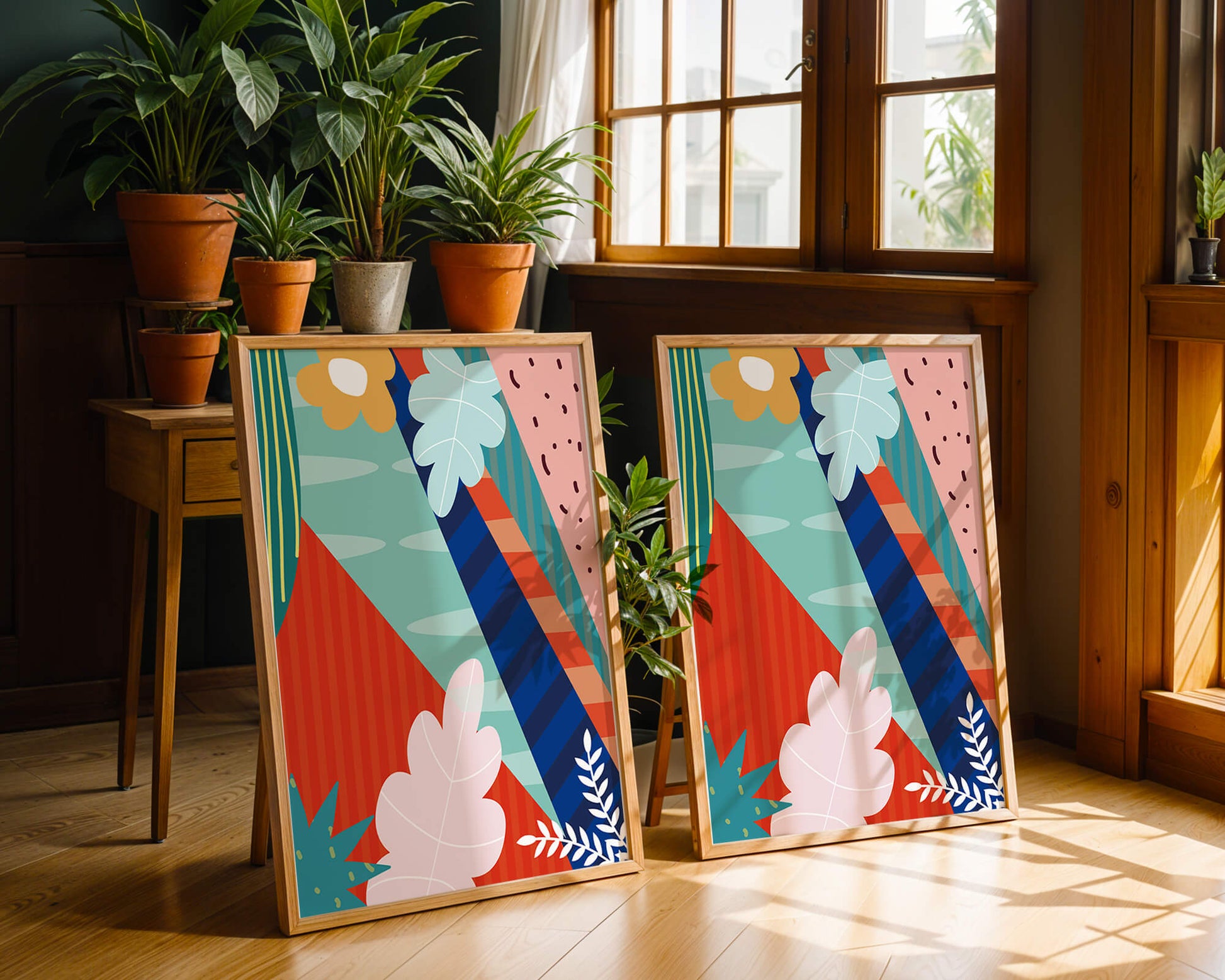 Abstract floral geometric design with vibrant colors and bold patterns