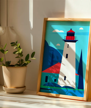 Illustration moderne d'un phare avec des couleurs vives