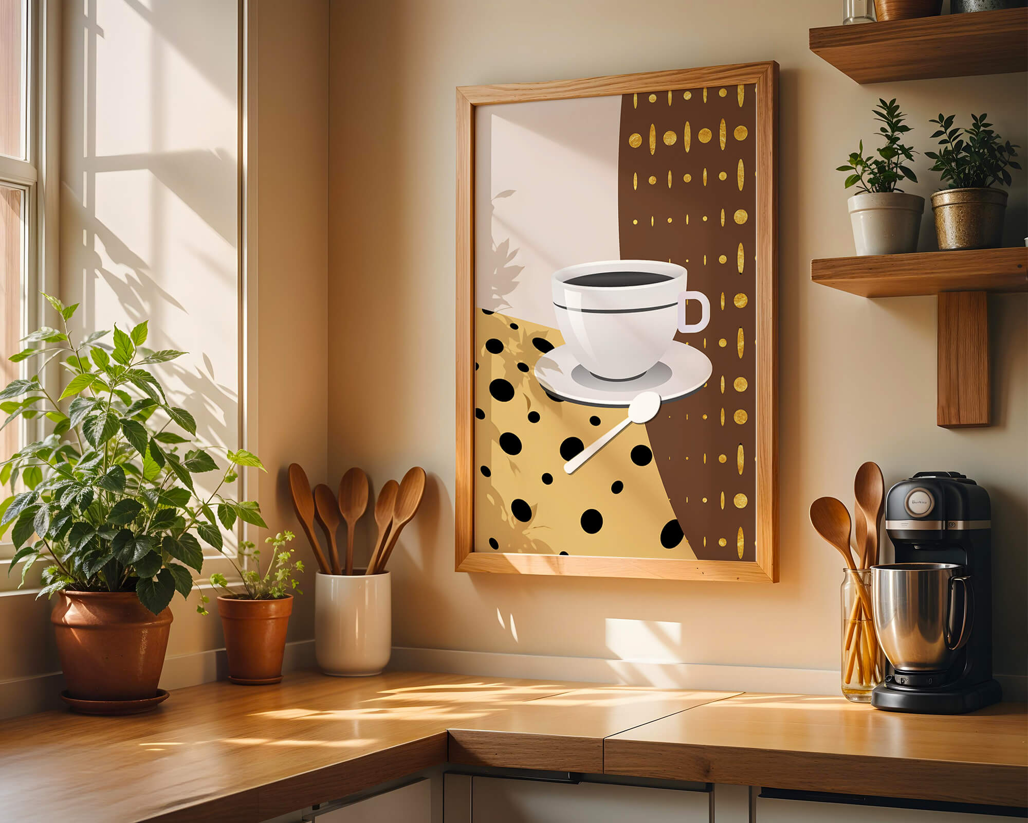 Contemporary Coffee Art with Geometric Patterns and Gold Accents - Mi tienda