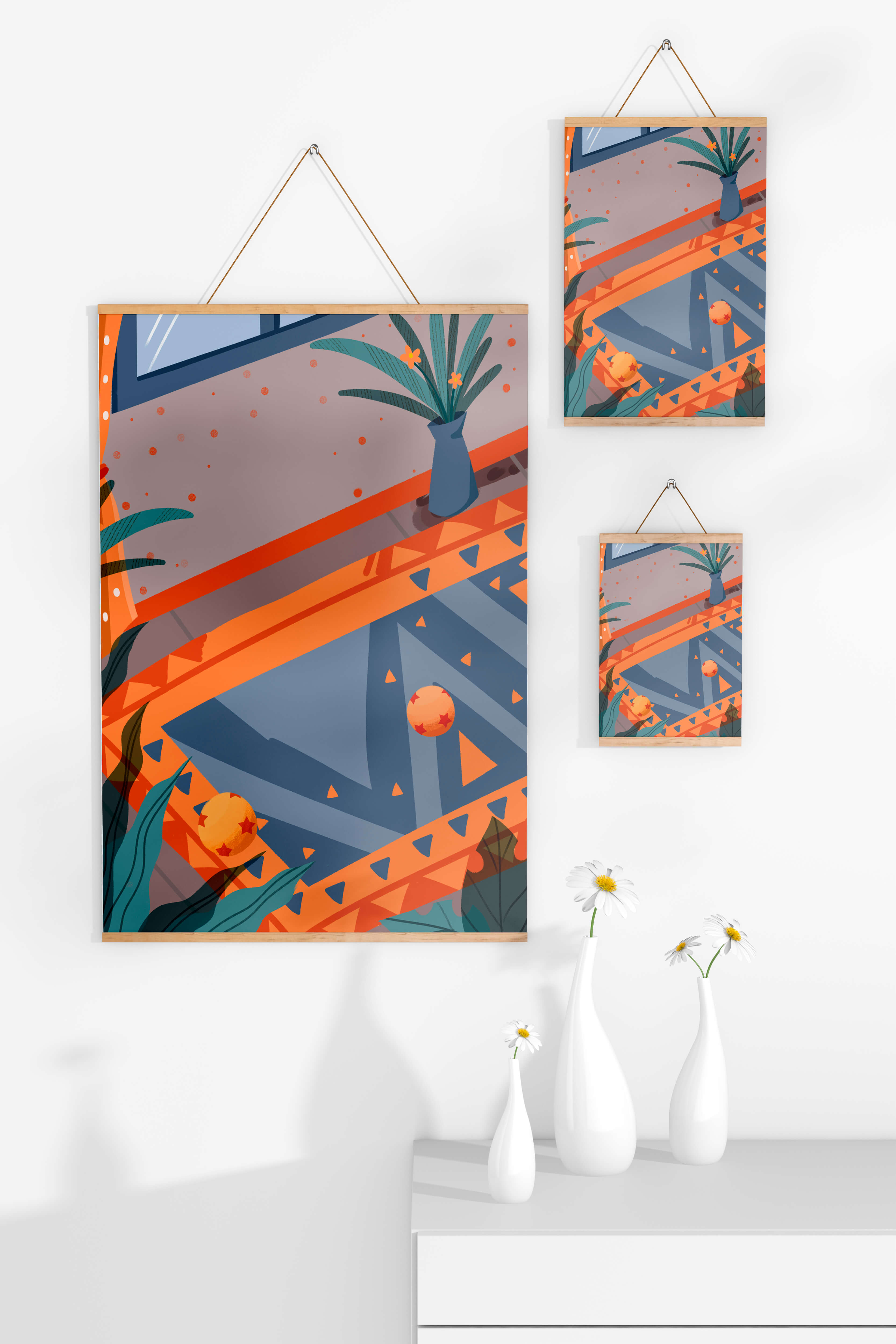 Modern interior with geometric patterns and vibrant colors