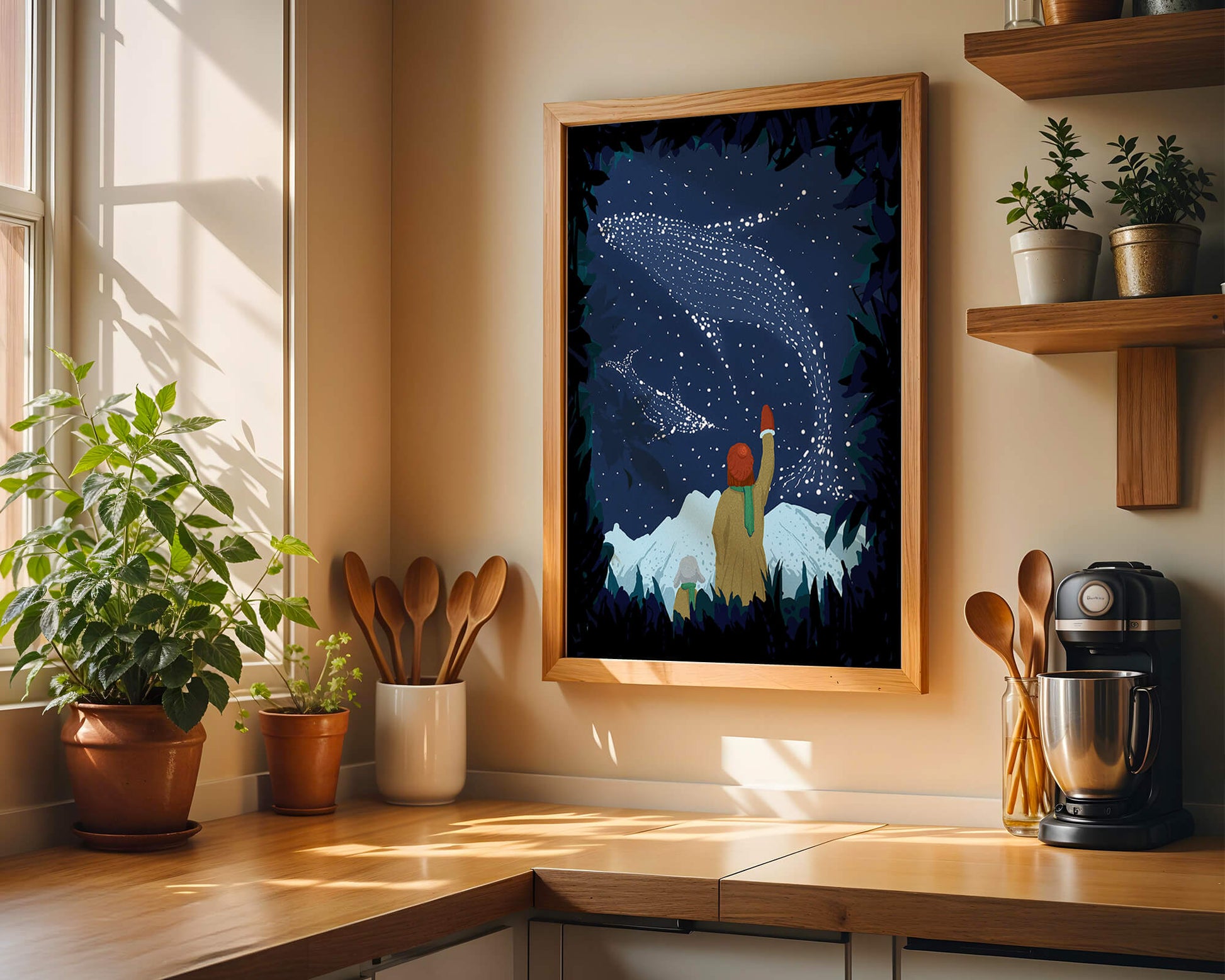 Starry night with whale constellations and mountain scenery