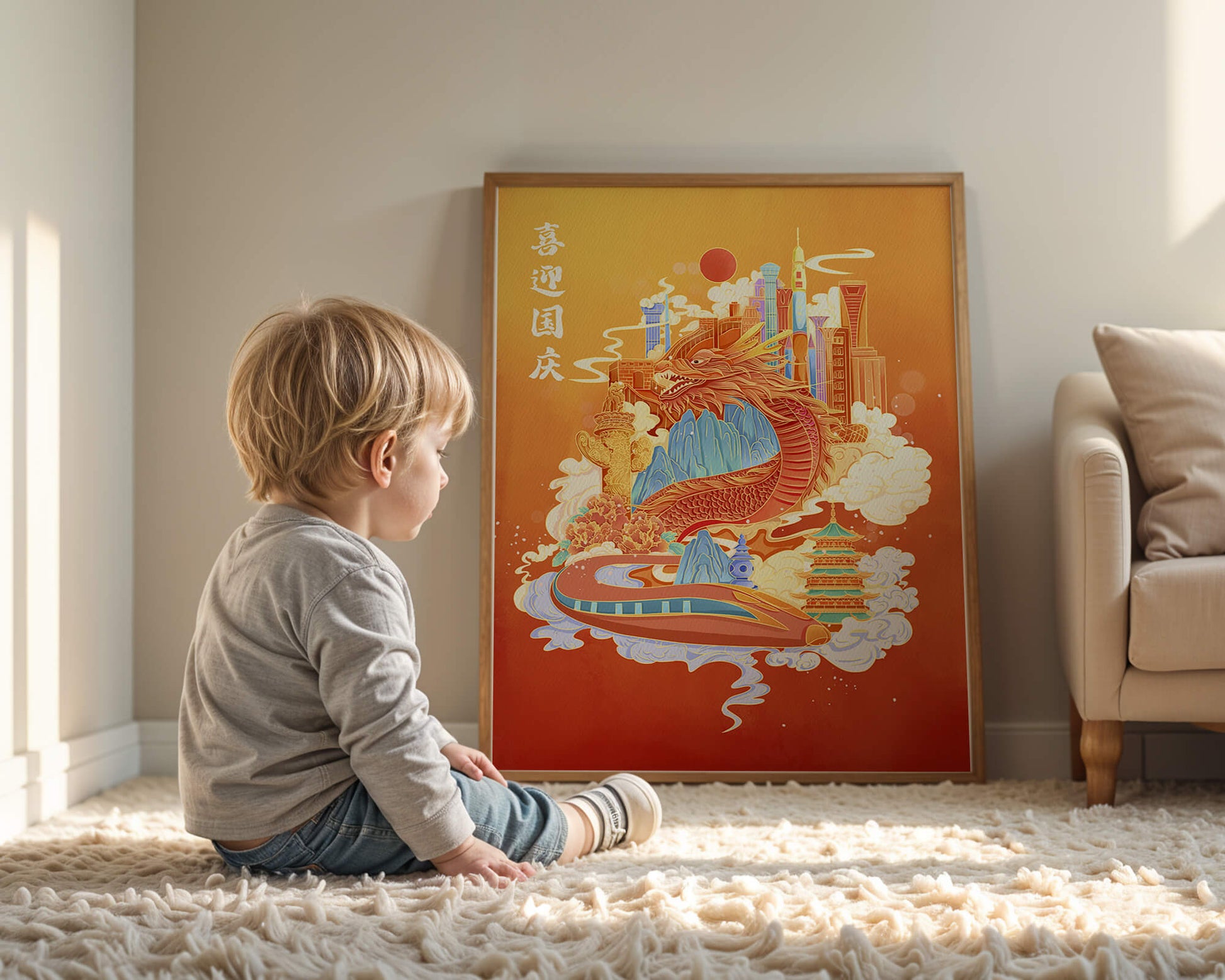 Colorful dragon and cityscape illustration with pagodas and mountains