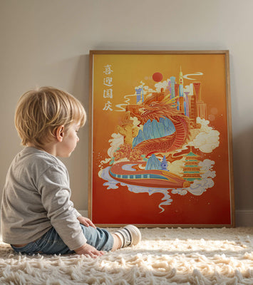 Colorful dragon and cityscape illustration with pagodas and mountains