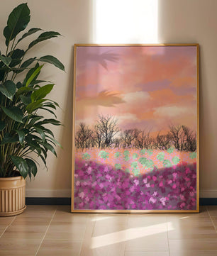 Paisaje sereno con campo floral vibrante y cielo pastel
