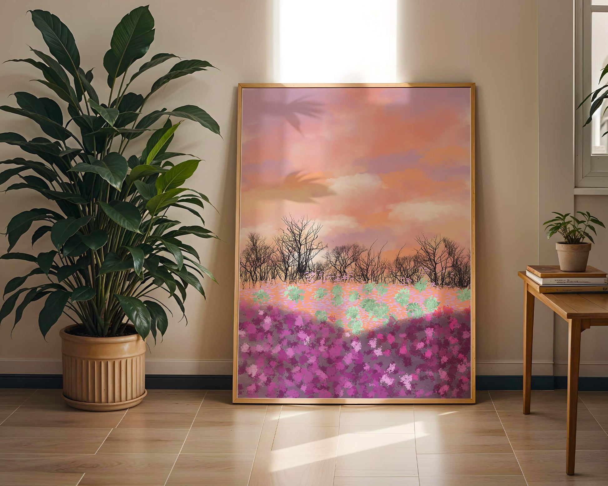 Paisaje sereno con campo floral vibrante y cielo pastel