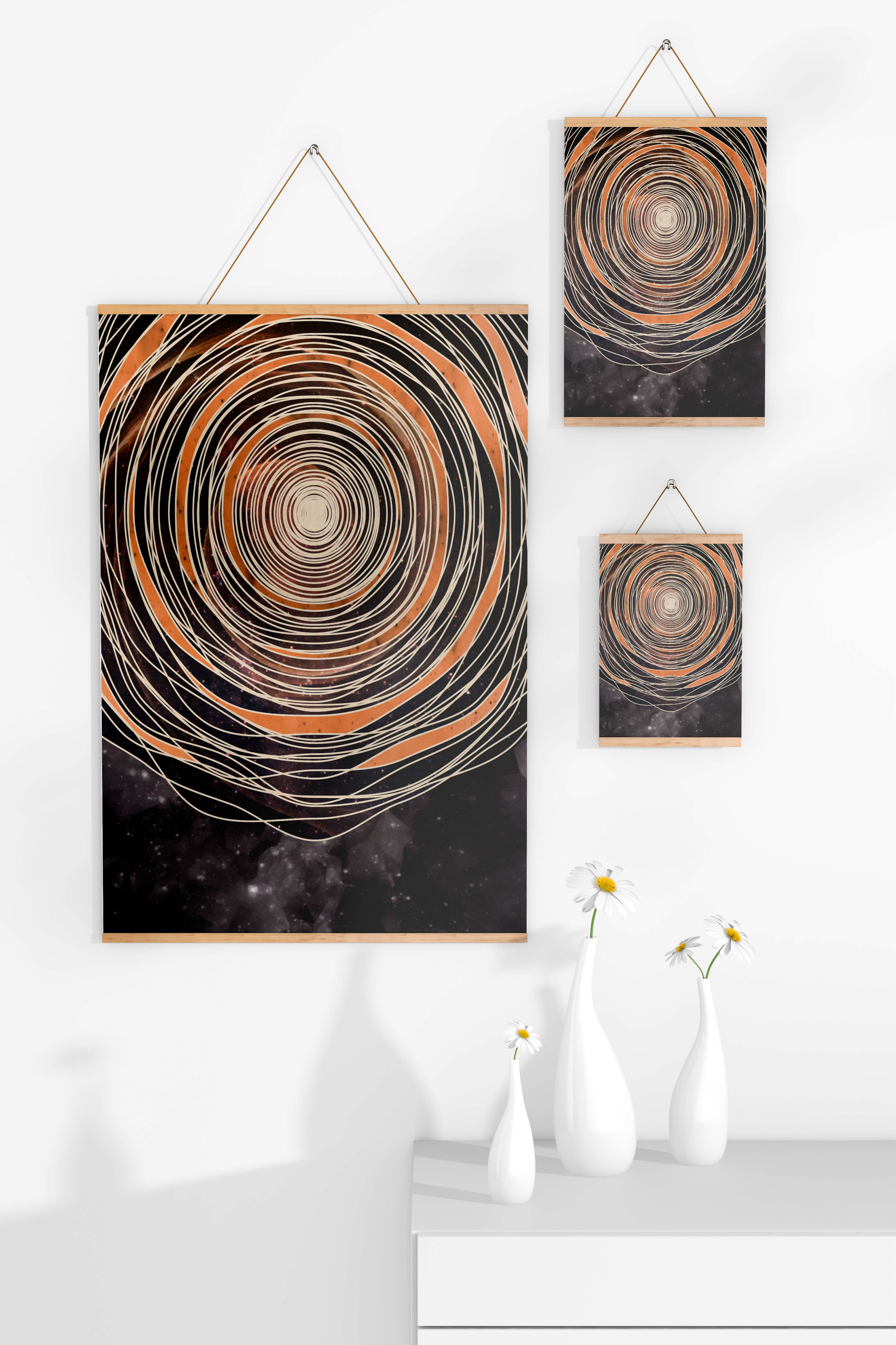 Abstract cosmic spiral with concentric oval patterns and starry background