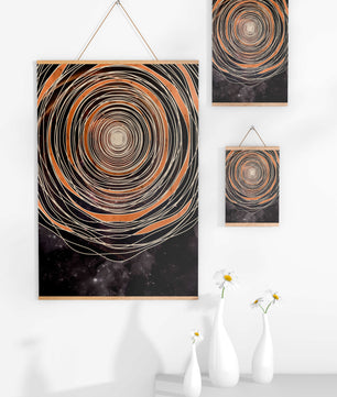 Espiral cósmica abstracta con patrones ovalados concéntricos y fondo estrellado