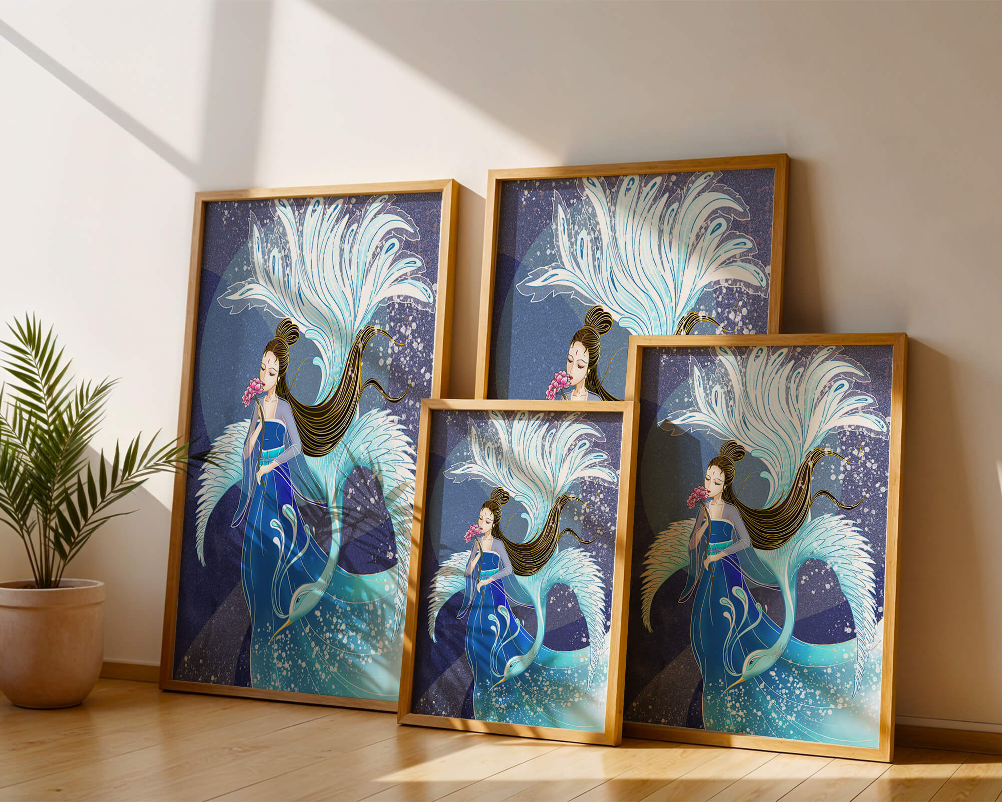 Elegant woman with floral motif and ethereal bird illustration