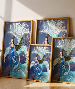 Elegant woman with floral motif and ethereal bird illustration