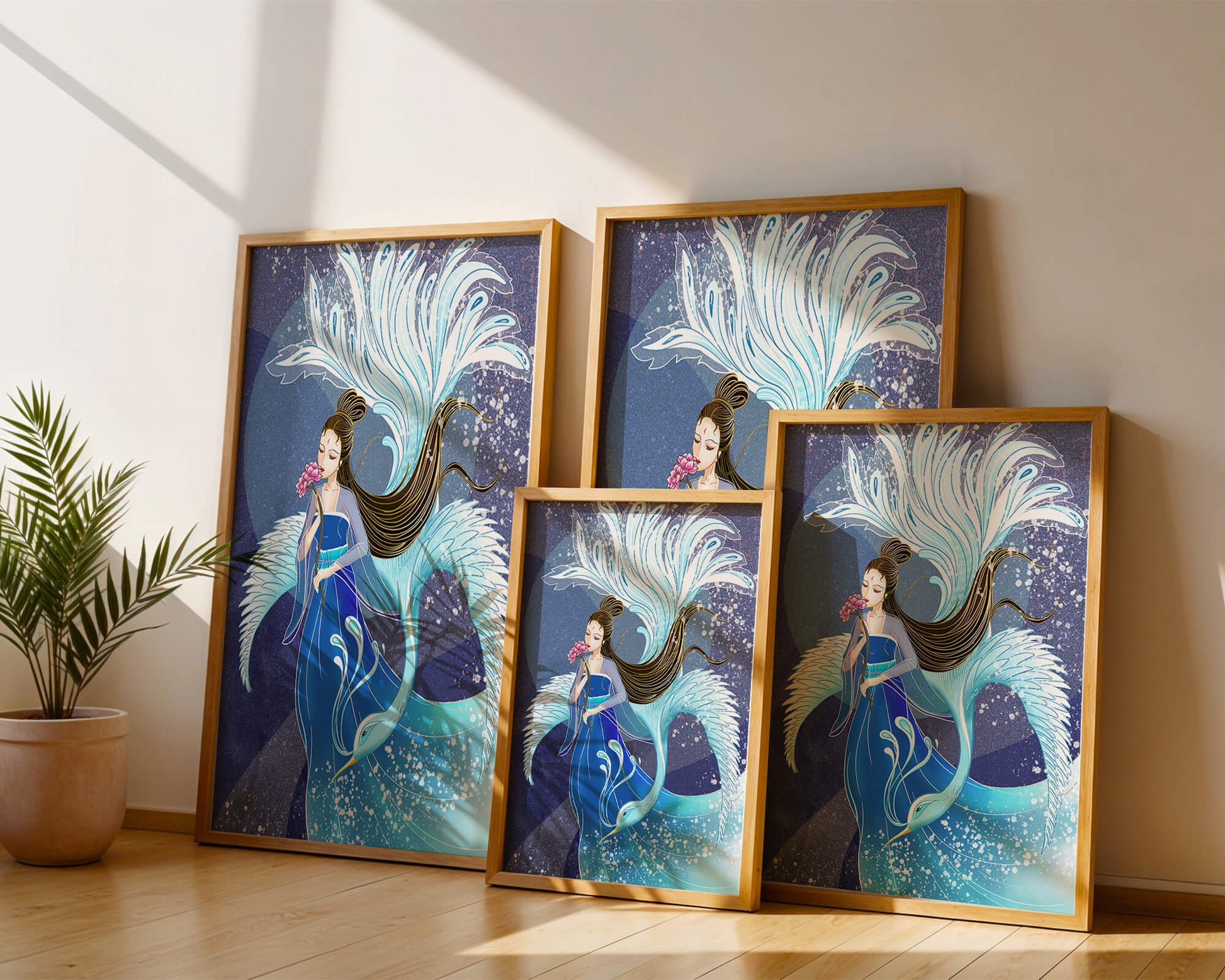 Elegant woman with floral motif and ethereal bird illustration