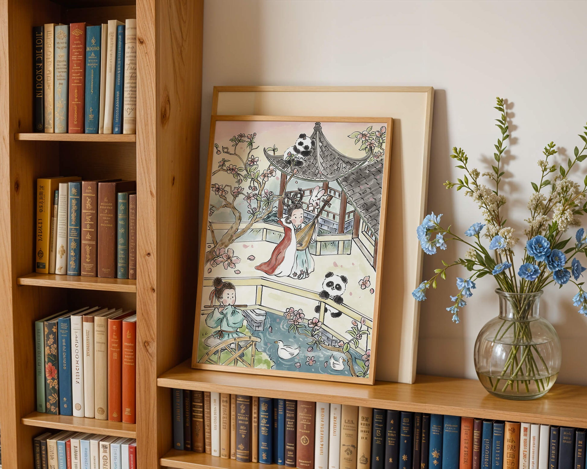 Escena tranquila de jardín asiático con pandas y flores