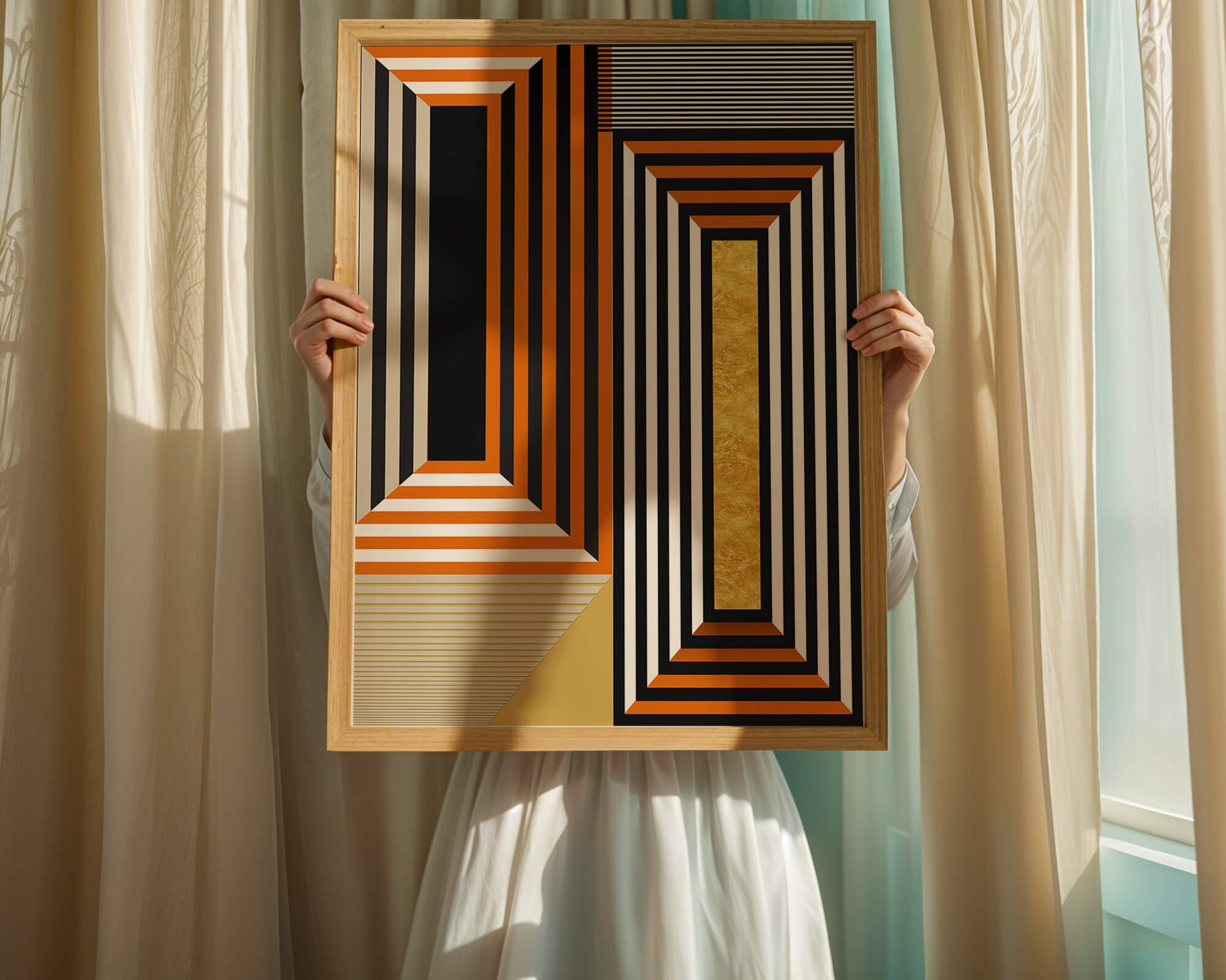 Geometric Abstract Art with Stripes and Gold Element in Orange, Black, and White