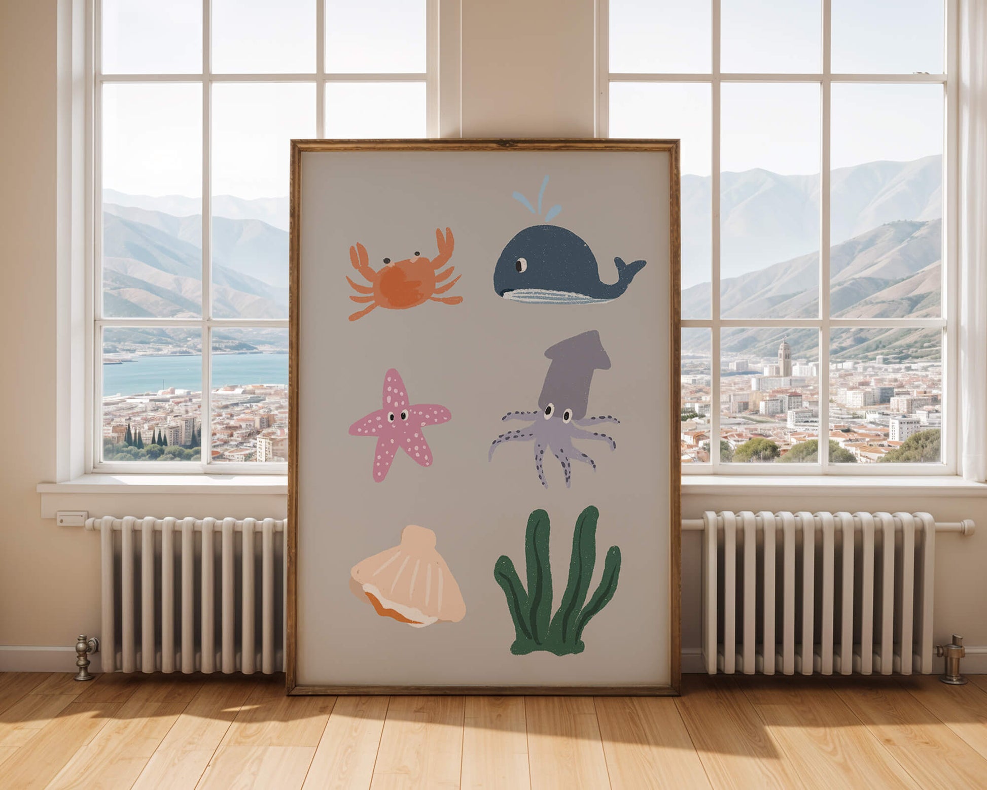 Illustration of whimsical sea creatures and marine elements on a grey background