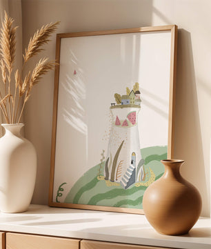 Whimsical Landscape with Fantasy Village and Watermelon Elements