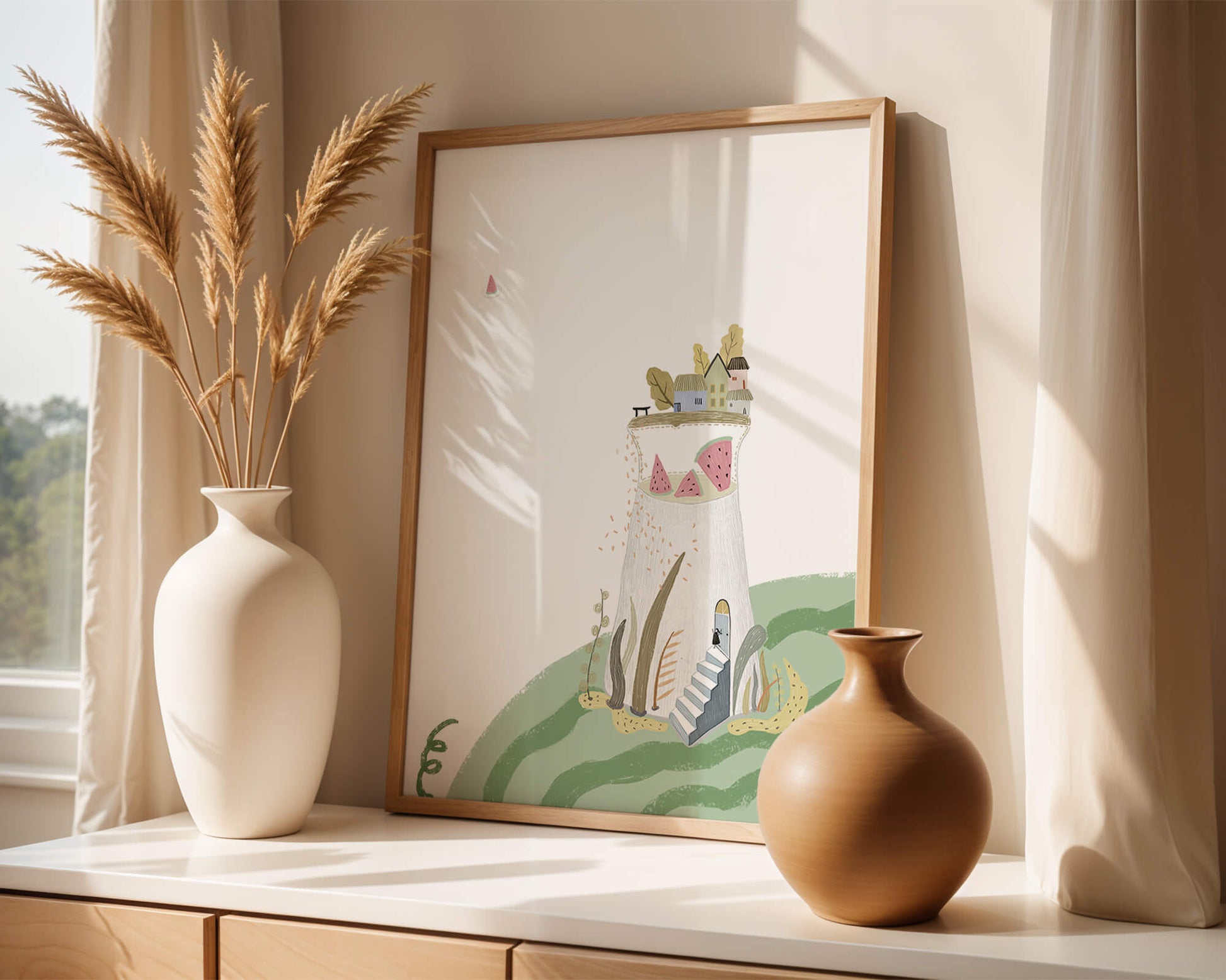 Whimsical Landscape with Fantasy Village and Watermelon Elements