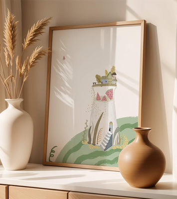 Whimsical Landscape with Fantasy Village and Watermelon Elements