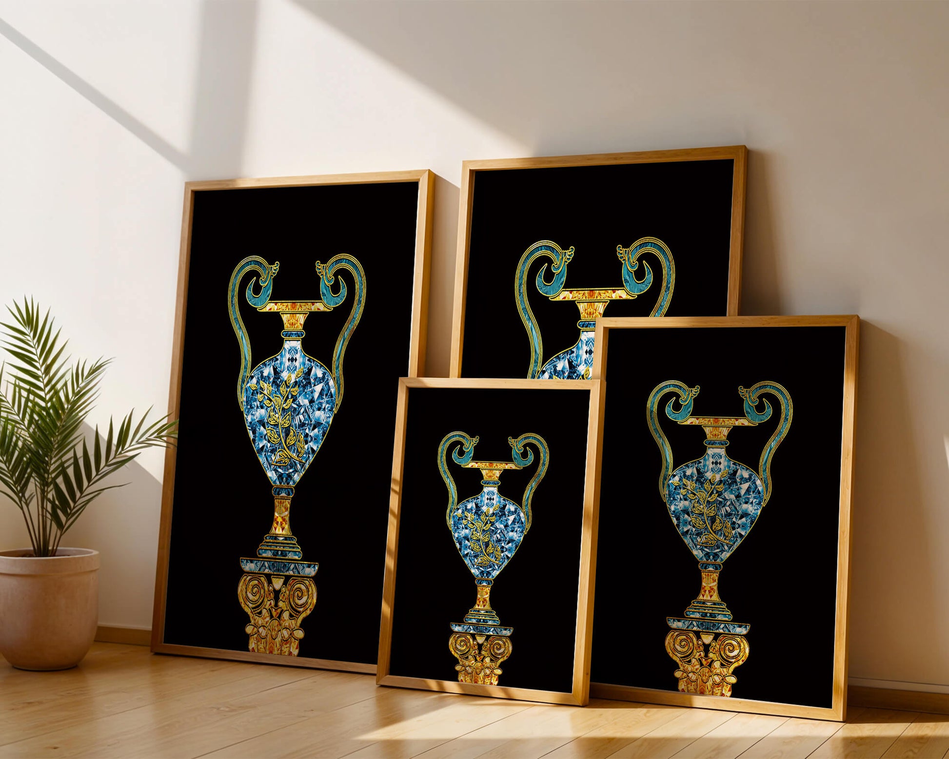 Elegante jarrón con incrustaciones de joyas y detalles dorados y azules sobre fondo negro