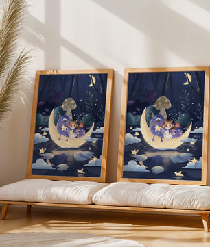 Escena nocturna onírica con un niño y monstruos amigables sobre una luna creciente